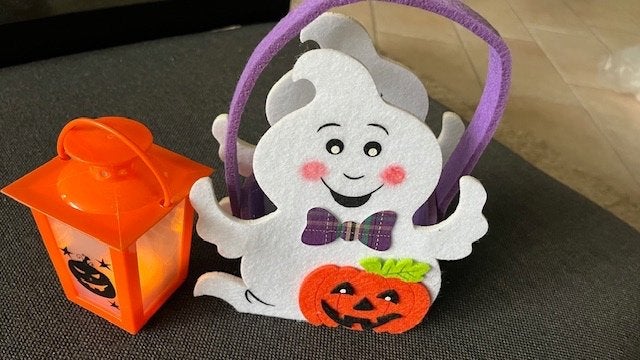 Halloween tasje vilt 20 cm hoog en oranje lampje met led, Ophalen of Verzenden, Gebruikt